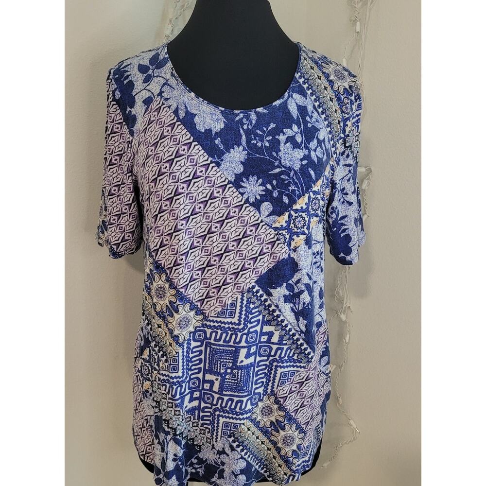 Chico’s Patchwork Print Blouse Blue Size 2 Boho Artsy Stretch Top